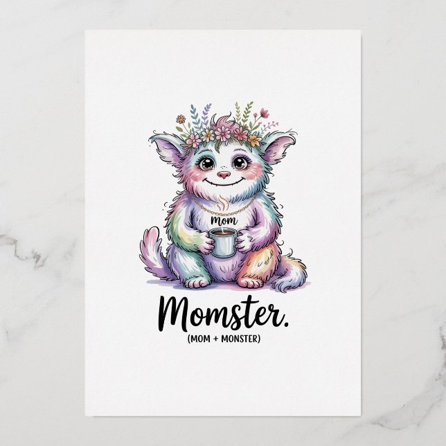 Tarjeta Festiva Con Relieve Metalizado Momster. (Mom + Monster) (Anverso)