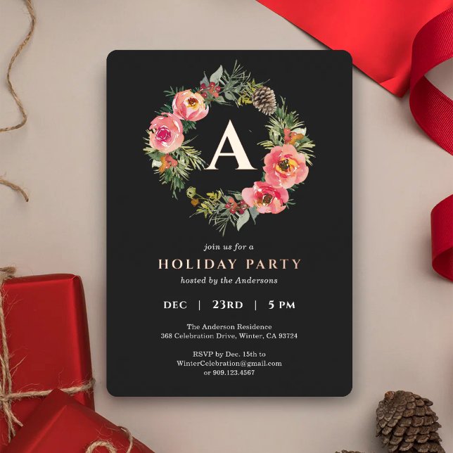 Tarjeta Festiva Con Relieve Metalizado Monogram Black Wreath Botanical Christmas Party  (Subido por el creador)