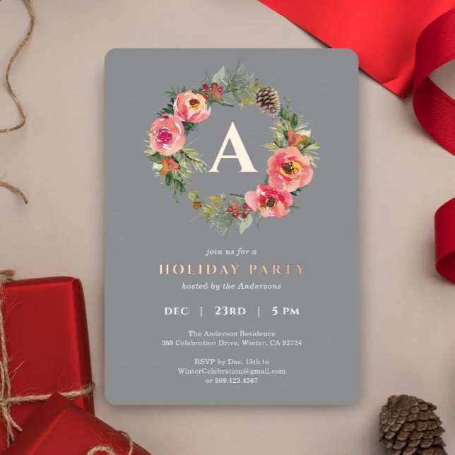 Tarjeta Festiva Con Relieve Metalizado Monogram Gray Wreath Botanical Christmas Party  (Subido por el creador)