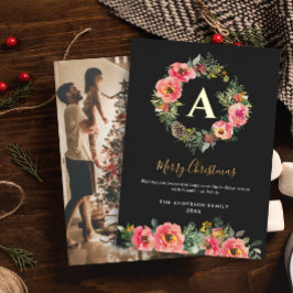 Tarjeta Festiva Con Relieve Metalizado Monogram Photo Black Botanical Wreath Christmas 
