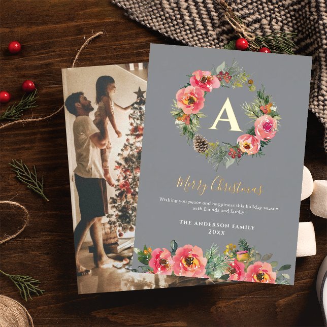 Tarjeta Festiva Con Relieve Metalizado Monogram Photo Gray Botanical Wreath Christmas  (Subido por el creador)