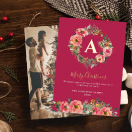 Tarjeta Festiva Con Relieve Metalizado Monogram Photo Red Botanical Wreath Christmas 