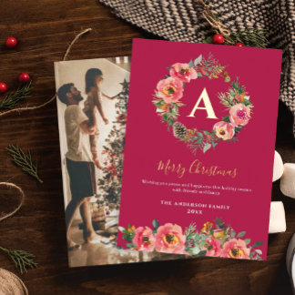 Tarjeta Festiva Con Relieve Metalizado Monogram Photo Red Botanical Wreath Christmas