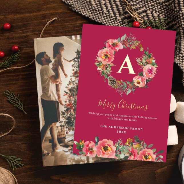 Tarjeta Festiva Con Relieve Metalizado Monogram Photo Red Botanical Wreath Christmas  (Subido por el creador)