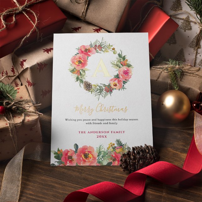 Tarjeta Festiva Con Relieve Metalizado Monogram Pink Botanical Wreath Christmas Foil Card (Subido por el creador)