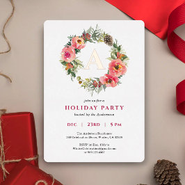 Tarjeta Festiva Con Relieve Metalizado Monogram Pink Wreath Botanical Christmas Party 