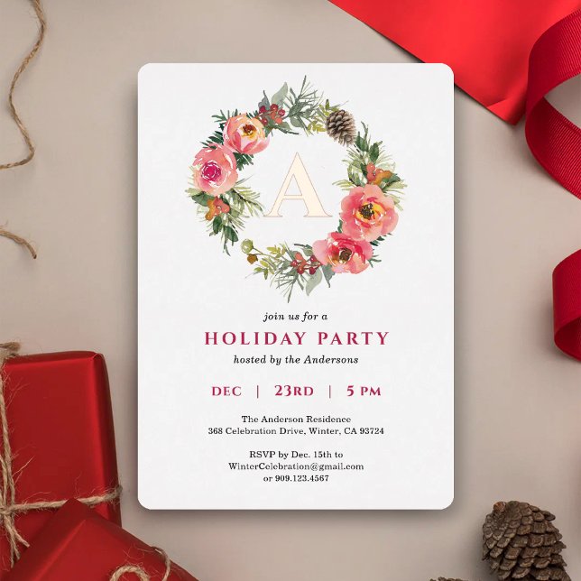 Tarjeta Festiva Con Relieve Metalizado Monogram Pink Wreath Botanical Christmas Party  (Subido por el creador)