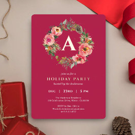 Tarjeta Festiva Con Relieve Metalizado Monogram Red Wreath Botanical Christmas Party Gold
