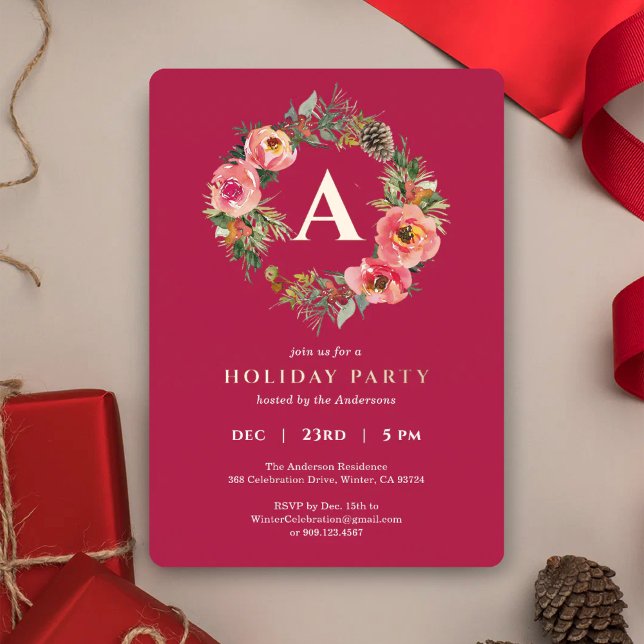 Tarjeta Festiva Con Relieve Metalizado Monogram Red Wreath Botanical Christmas Party Gold (Subido por el creador)