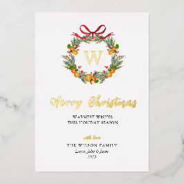 Tarjeta Festiva Con Relieve Metalizado Monogramo Citrus Wreath Navidades Gold