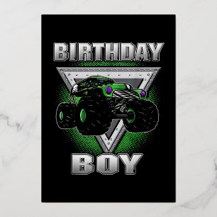 Tarjeta Festiva Con Relieve Metalizado Monster Truck Birthday Boy