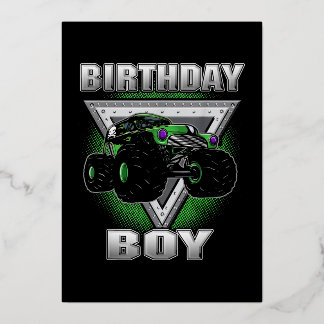 Tarjeta Festiva Con Relieve Metalizado Monster Truck Birthday Boy
