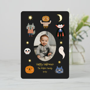 Tarjeta Festiva Con Relieve Metalizado Monstruos Cute de Halloween Foto de Familia de Beb