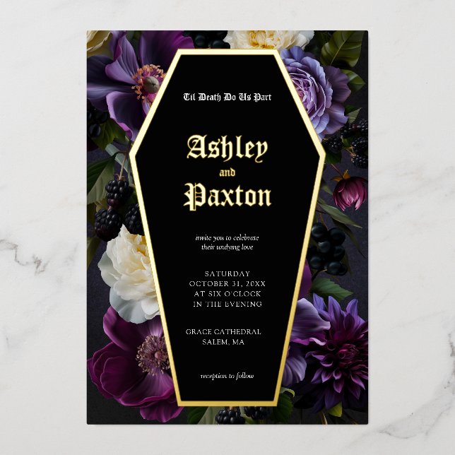 Tarjeta Festiva Con Relieve Metalizado Moody Elegant Purple Gothic Garden Boda Floral (Anverso)