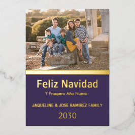 Tarjeta Festiva Con Relieve Metalizado Morada Feliz Navidad - Oro de foto familiar en esp