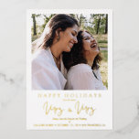 Tarjeta Festiva Con Relieve Metalizado MRS & MRS Christmas Wedding LGBT Lesbian Photo<br><div class="desc">MRS & MRS Christmas Wedding LGBT Lesbian Photo Metallic Foil Save the Date Card with Envelope. If you want to coordinate the back, I suggest you use the following color codes: Gold #CBB068 - Silver #B3B3B3. IMPORTANT NOTICE: This design is part of a collection and has other coordinated elements that...</div>