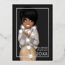 Tarjeta Festiva Con Relieve Metalizado Mujer Afroamericana Chic Navidad