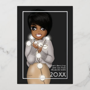 Tarjeta Festiva Con Relieve Metalizado Mujer Afroamericana Chic Navidad