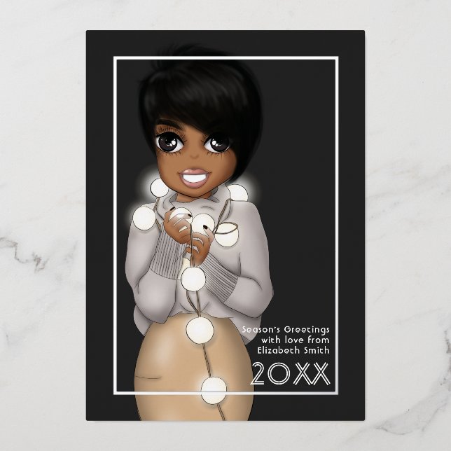 Tarjeta Festiva Con Relieve Metalizado Mujer Afroamericana Chic Navidad (Anverso)