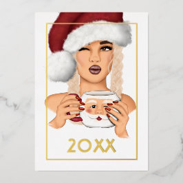Tarjeta Festiva Con Relieve Metalizado Mujer Chic Santa Navidad