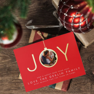 Tarjeta Festiva Con Relieve Metalizado Multi Foto Rojo Cereza Feliz Navidad Oro JOY