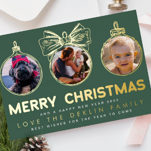 Tarjeta Festiva Con Relieve Metalizado Multi Foto Verde Dorado Feliz Navidad Feliz