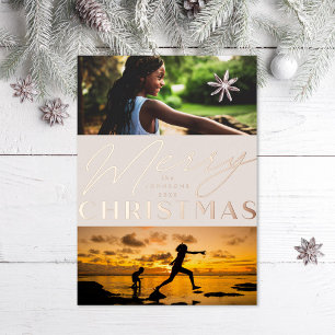 Tarjeta Festiva Con Relieve Metalizado MultiPhoto Merry Christmas