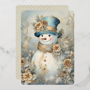 Tarjeta Festiva Con Relieve Metalizado Muñeco de nieve dorado vintage