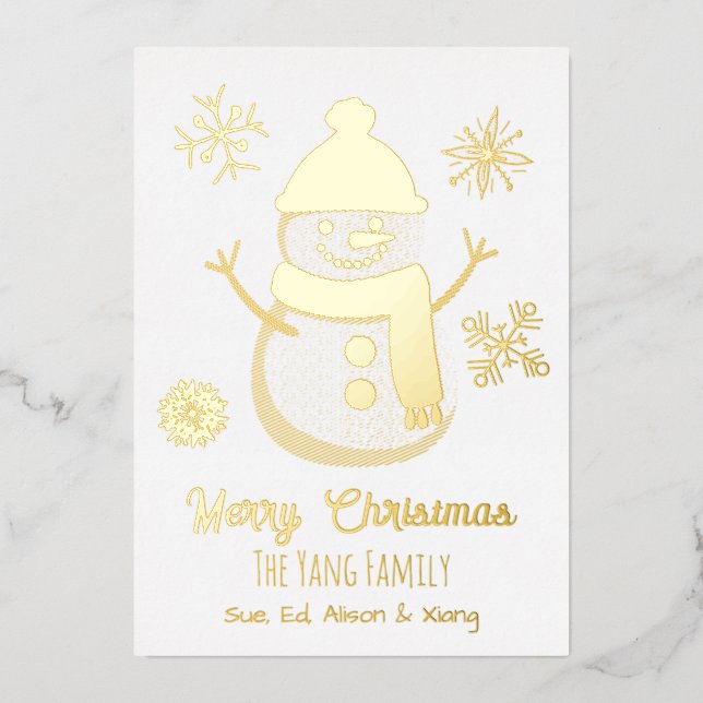 Tarjeta Festiva Con Relieve Metalizado Muñeco de nieve personalizado y foto (Anverso)