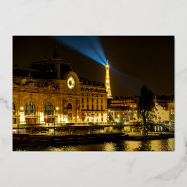 Tarjeta Festiva Con Relieve Metalizado Museo de Orsay en París por la noche