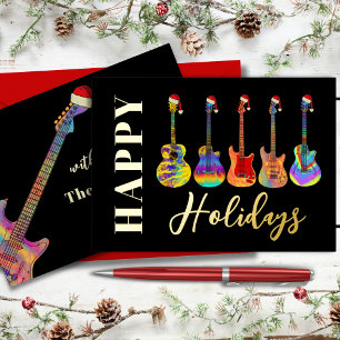 Tarjeta Festiva Con Relieve Metalizado Música Navidad Guitarra Felices Fiestas Personaliz
