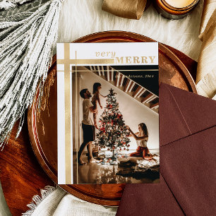 Tarjeta Festiva Con Relieve Metalizado Muy Alegre Elegante Foto Personalizada de Oro