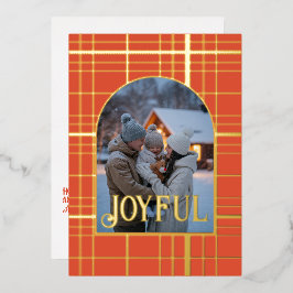 Tarjeta Festiva Con Relieve Metalizado Naranja quemado y Navidades de Gingham de oro