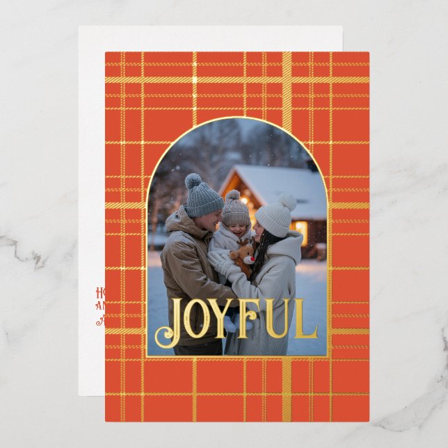 Tarjeta Festiva Con Relieve Metalizado Naranja quemado y Navidades de Gingham de oro (Anverso/Reverso)