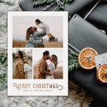 Tarjeta Festiva Con Relieve Metalizado Naranjas de invierno de la tipografía de época Nav<br><div class="desc">Esta hermosa tarjeta fotográfica de vacaciones incluye tipografía de estilo vintage que dice "Feliz Navidad" en Relieve metalizado real,  junto con tres plantillas de fotos. La parte trasera de la tarjeta contiene un diseño vintage de naranjas y flores de invierno.</div>