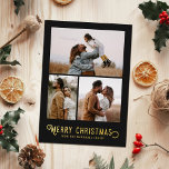 Tarjeta Festiva Con Relieve Metalizado Naranjas de invierno de la tipografía de época Nav<br><div class="desc">Esta hermosa tarjeta fotográfica de vacaciones incluye tipografía de estilo vintage que dice "Feliz Navidad" en Relieve metalizado real,  junto con tres plantillas de fotos. La parte trasera de la tarjeta contiene un diseño vintage de naranjas y flores de invierno.</div>
