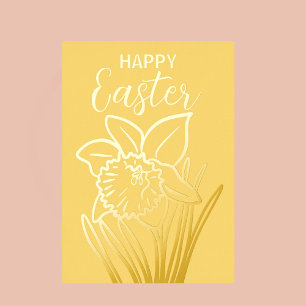 Tarjeta Festiva Con Relieve Metalizado Narciso Floral Feliz Pascua de Resurrección en Lám