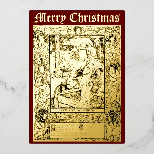 Tarjeta Festiva Con Relieve Metalizado Natividad de los Navidades de Art Nouveau de 1898 (Anverso)
