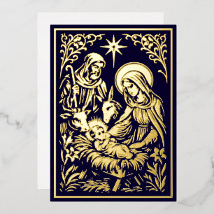 Tarjeta Festiva Con Relieve Metalizado Natividad de Navidad en grabado en madera retro Ar