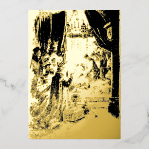 Tarjeta Festiva Con Relieve Metalizado Natividad de Navidad Era Victoriana Antigua 1895