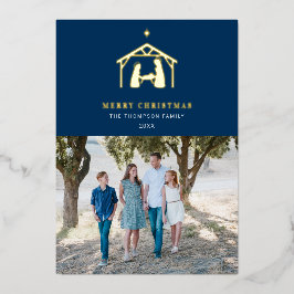 Tarjeta Festiva Con Relieve Metalizado Natividad Feliz Navidad Azul