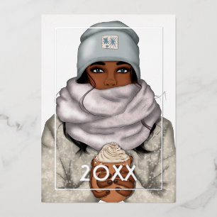 Tarjeta Festiva Con Relieve Metalizado Navidad afroamericana de invierno acogedora