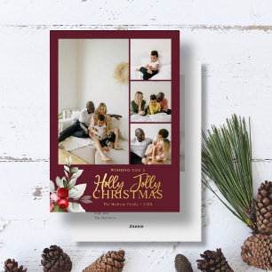 Tarjeta Festiva Con Relieve Metalizado Navidad alegre y divertida 5 Foto Fruta Rojo inten