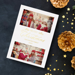 Tarjeta Festiva Con Relieve Metalizado Navidad Botánico Minimalista Dorado