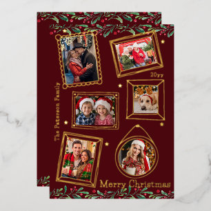Tarjeta Festiva Con Relieve Metalizado Navidad Burgundy Personalizada con 5 Fotos