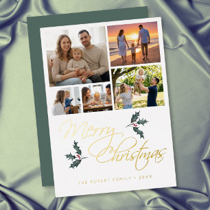 Tarjeta Festiva Con Relieve Metalizado Navidad Collage de Fotos de Acebo Moderno y Elegan