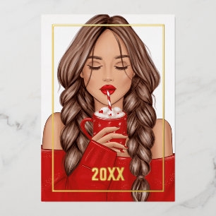 Tarjeta Festiva Con Relieve Metalizado Navidad con Chocolate Caliente Acogedor