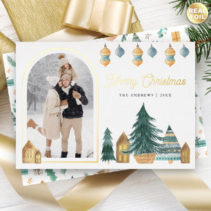 Tarjeta Festiva Con Relieve Metalizado Navidad con foto de arco tradicional nórdico lindo