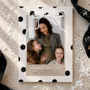 Tarjeta Festiva Con Relieve Metalizado Navidad con foto familiar de lazo de lunares negro
