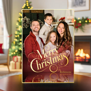 Tarjeta Festiva Con Relieve Metalizado Navidad con guión minimalista elegante y 4 fotos m